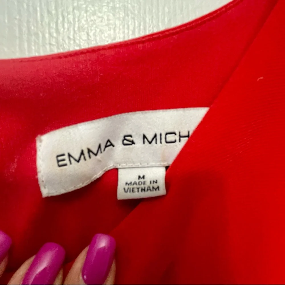 3/15 💚 Emma & Michele Red Midi Belted Faux Wrap Dress Bell Sleeves Scoop Neck
